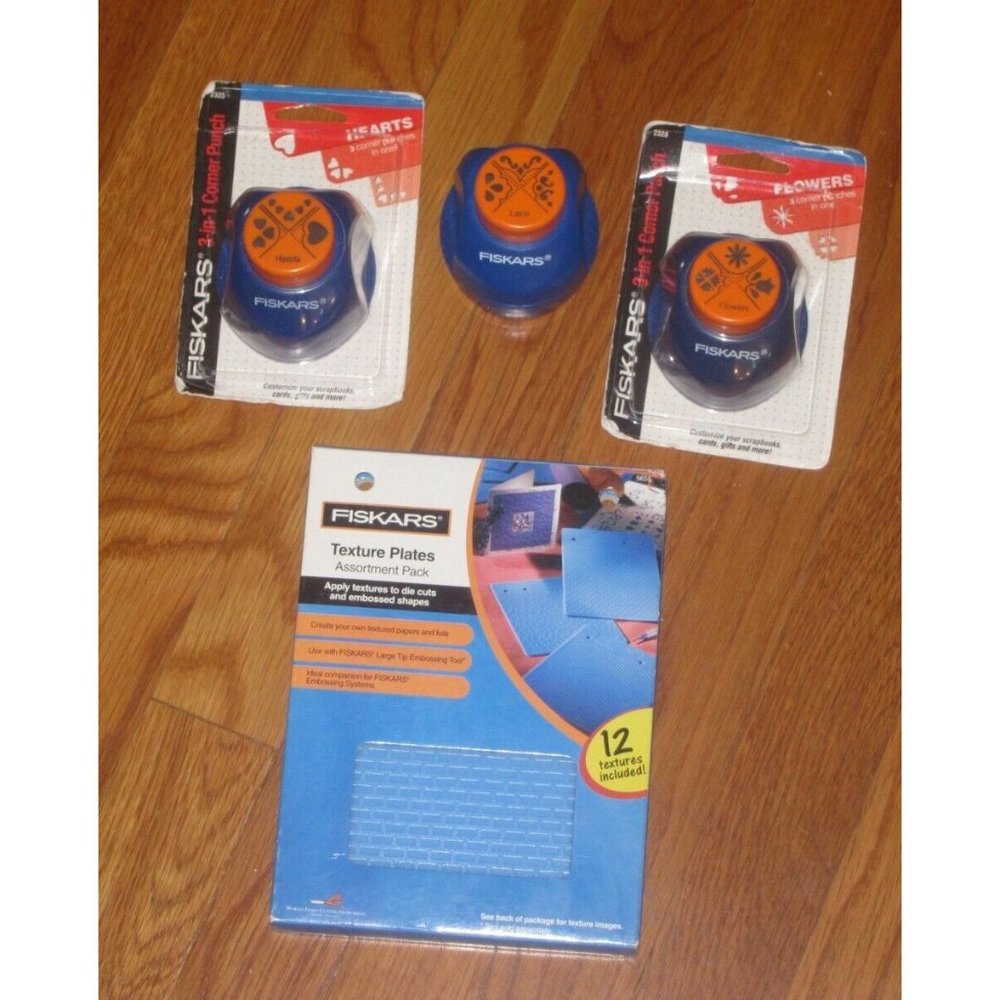 Fiskars HEARTS  FLOWERS LACE 3 In 1 Corner Punch Scrapbooking Texture Plates LOT